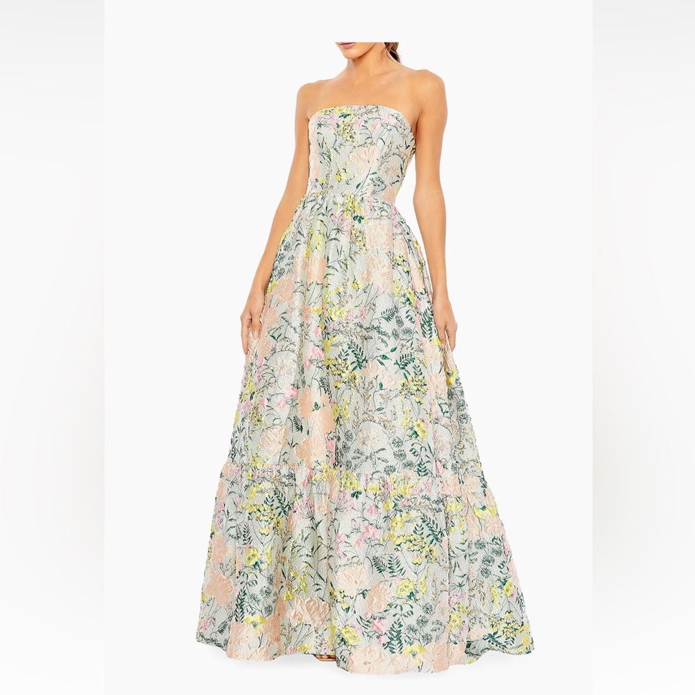 Mac Duggal floral brocade strapless a line gown